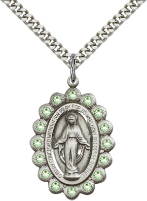 Peridot Border Miraculous Medal 1-1/8" Sterling Silver, Your Choice of Chain, # 65096