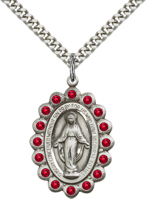 Ruby Border Miraculous Medal 1-1/8" Sterling Silver, Your Choice of Chain, # 65099