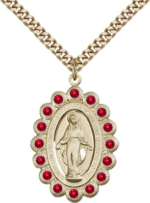 Ruby Border Miraculous Medal, 1-1/8", 14kt Gold Filled, Your Choice of Chain # 65100