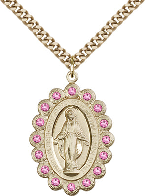 Rose Border Miraculous Medal, 1-1/8", 14kt Gold Filled, Your Choice of Chain # 65103