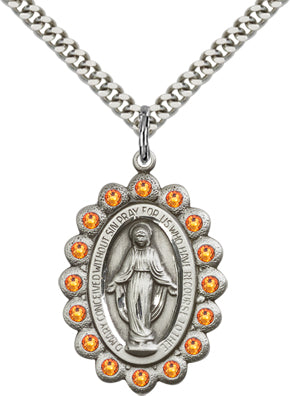 Topaz Border Miraculous Medal 1-1/8" Sterling Silver, Your Choice of Chain, # 65108