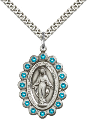 Zircon Border Miraculous Medal 1-1/8" Sterling Silver, Your Choice of Chain, # 65111