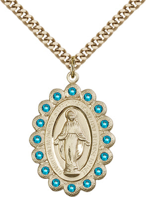 Zircon Border Miraculous Medal, 1-1/8", 14kt Gold Filled, Your Choice of Chain # 65112