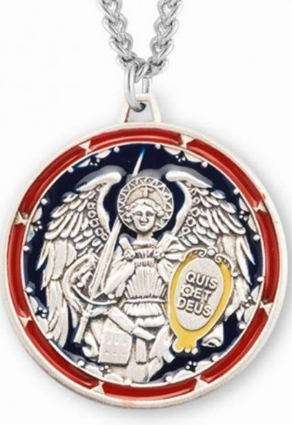 Saint Michael Sterling Silver Medal, 3/4", Enameled, Your Choice of Chain, # 6512