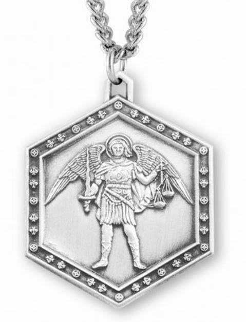 Saint Michael Hexagonal Sterling Silver Medal, 15/16", Your Choice of Chain, # 6521