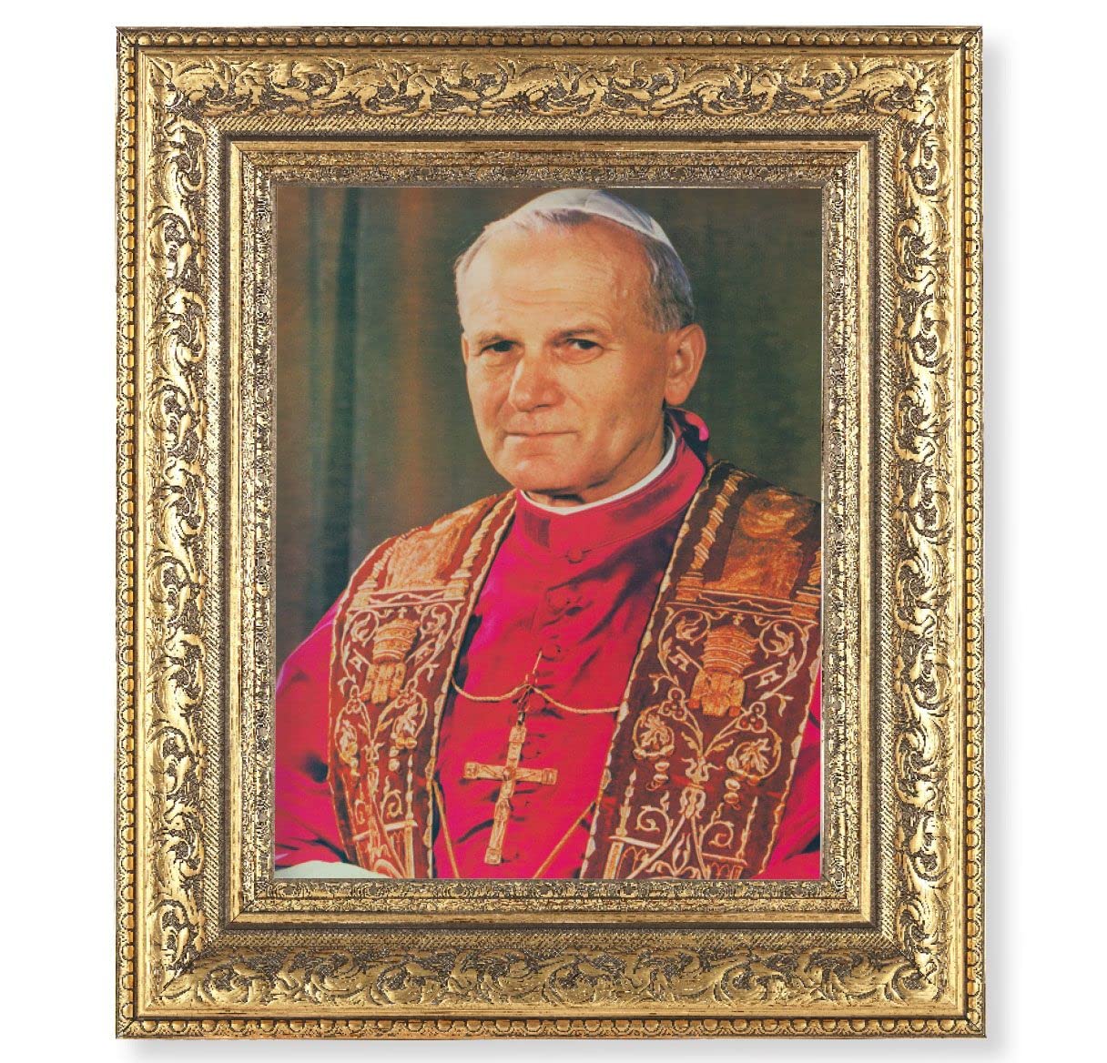 St. Pope John Paul II Picture, 12-1/2"x14-1/2, Antique Gold Leaf Carvings Ornate Frame, Italian Print Under Glass # 25575