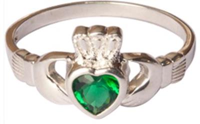 Claddagh Ring, Sterling Silver, Emerald Crystal, Size 4, # 65474