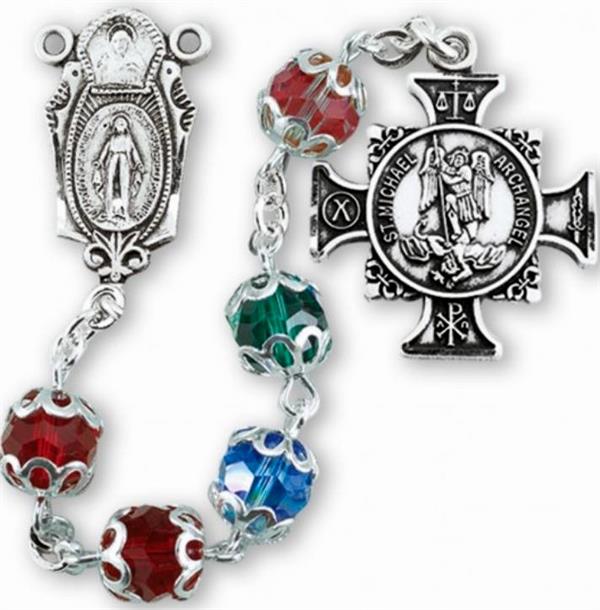 Saint Michael Sterling Silver Multi-Color Swarovski Rosary, # 6553|