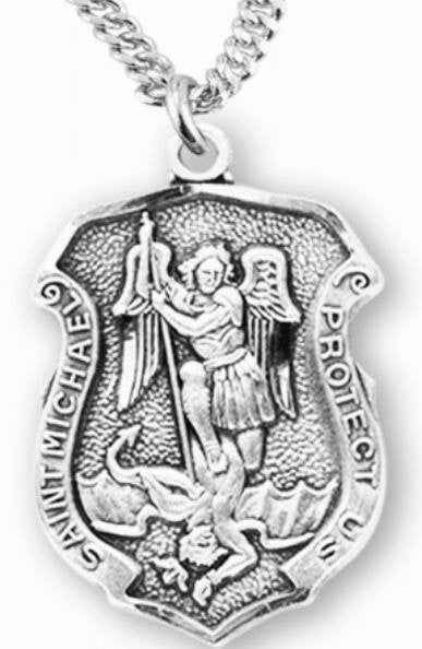 Saint Michael Sterling Silver shield Medal, 11/16", Your Choice of Chain, # 6556