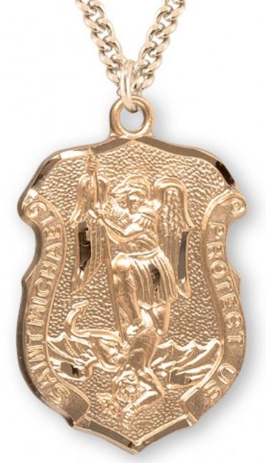 Saint Michael 16kt Gold over Sterling Silver shield Medal, 1-1/16", Your Choice of Chain, # 6561