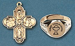 First Communion Ring & 4-Way Medal Set Gold Plate, # 54