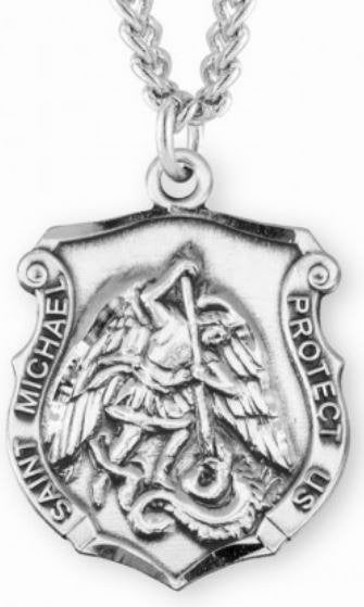 Saint Michael Sterling Silver shield Medal, 7/8", Your Choice of Chain, # 6564