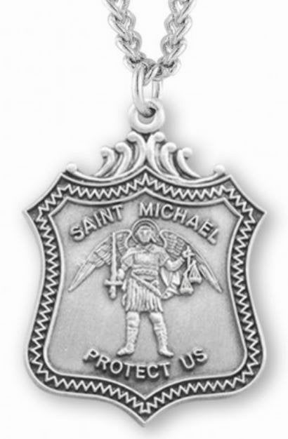Saint Michael Sterling Silver Shield Medal, 15/16", Your Choice of Chain, # 6569