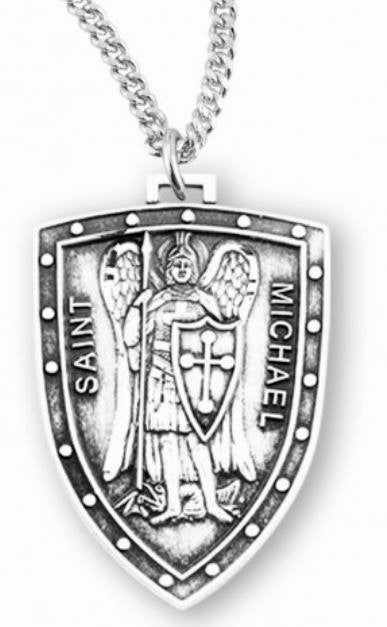Saint Michael Sterling Silver Shield Medal, 13/16", Your Choice of Chain, # 6570