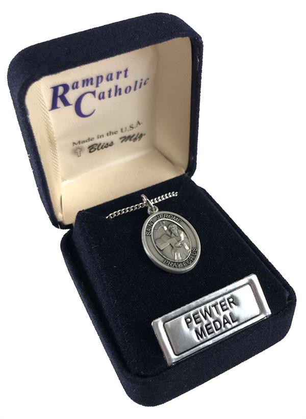 3/4"x9/16" Pewter St. Jerome Medal, Your Choice of Chain, # 65725|3/4"x9/16" Pewter St. Jerome Medal, Your Choice of Chain, # 65725