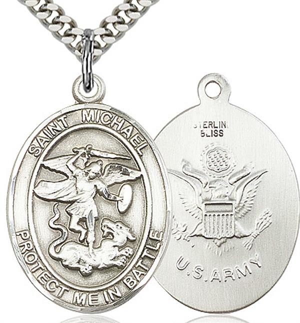 St. Michael / Army Medal, 3/4" tall, Sterling Silver, Your Choice of Chain, # 65736