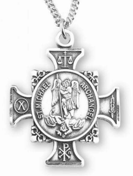 Saint Michael Sterling Silver Cross Medal, 13/16", Your Choice of Chain, # 6575|