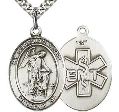 Guardian Angel EMT Medal, Sterling Silver, 1" tall, Your Choice of Chain, # 65770