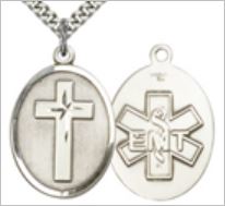 Oval Cross / EMT Medal, Sterling Silver, 3/4"x9/16", Your Choice of Chain, # 65772