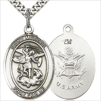 St. Michael / Army Medal, Sterling Silver, 1"x3/4", Your Choice of Chain, # 65774