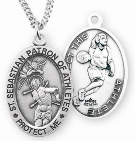 Female Basketball / St. Sebastian Medal in Sterling Silver, 7/8", Your Choice of Chain, # 6578