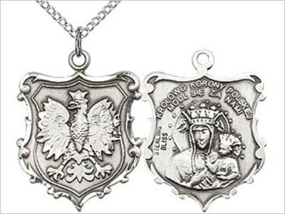 Our Lady of Czestochowa Medal (Polish Text), Sterling Silver, 7/8", Your Choice of Chain, # 65780