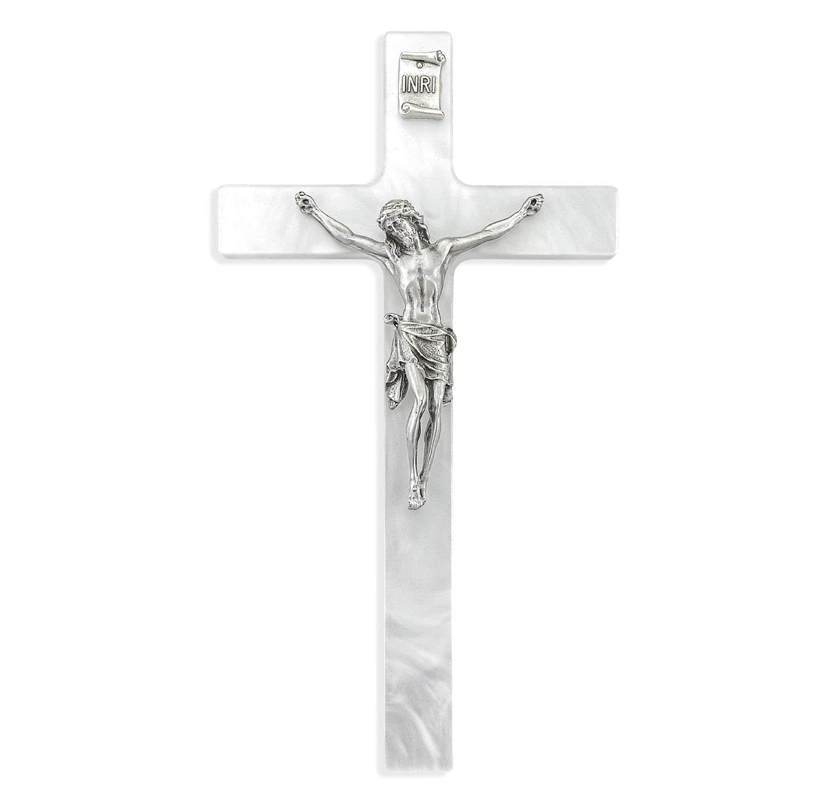 7" Pearlized White Cross with Fine Pewter Corpus., # 6437