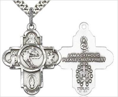 Hockey 4-Way Medal, Sterling Silver, 1", Your Choice of Chain, # 65791