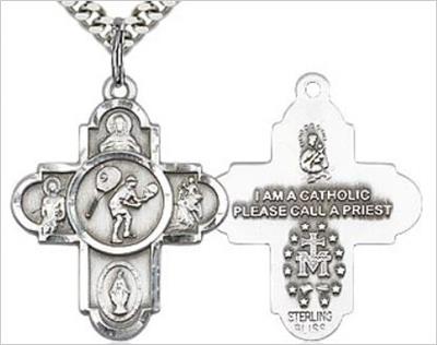 Tennis 4-Way Medal, Sterling Silver, 1", Your Choice of Chain, # 65792