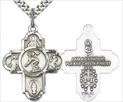 Swimming 4-Way Medal, Sterling Silver, 1", Your Choice of Chain, # 65793