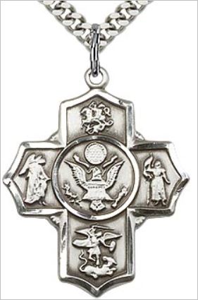 Army 4-Way Medal, Sterling Silver, 1-1/8", Your Choice of Chain, # 65797
