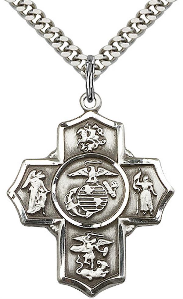 Marine Corps 4-Way Medal, Sterling Silver, 1-1/8", Your Choice of Chain, # 65799