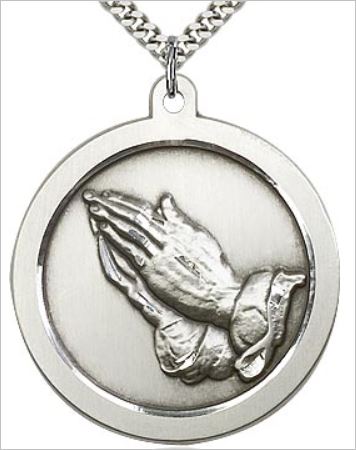 Praying Hands Medal with Serenity Prayer, Sterling Silver, 3/4", Your choice of chain, # 961