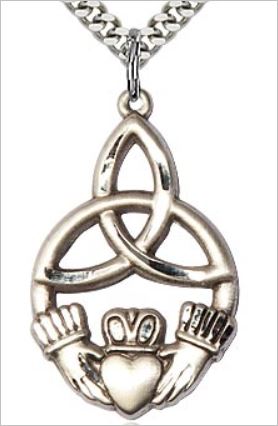 Trinity Knot Claddagh Medal, Sterling Silver, 1.25", Your choice of chain, # 65808