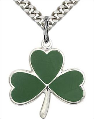 Shamrock Medal w/ Green Enamel, Sterling Silver, 3/4" tall, Your choice of chain, # 65809
