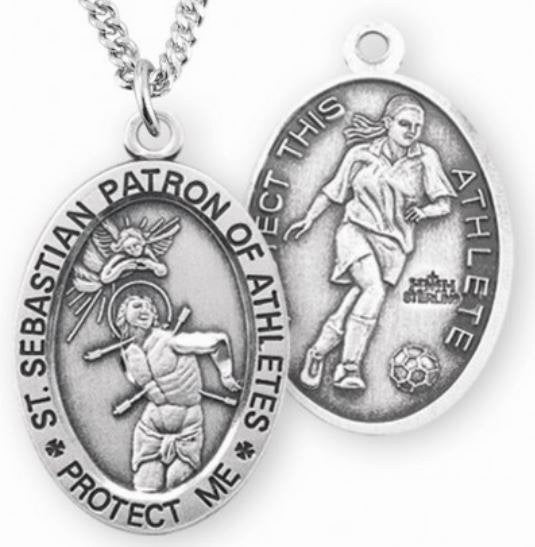 Female Soccer / St. Sebastian Medal in Sterling Silver, 7/8", Your Choice of Chain, # 6583