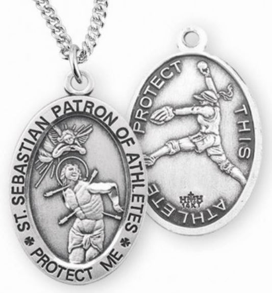 Female Softball / St. Sebastian Medal in Sterling Silver, 7/8", Your Choice of Chain, # 6585