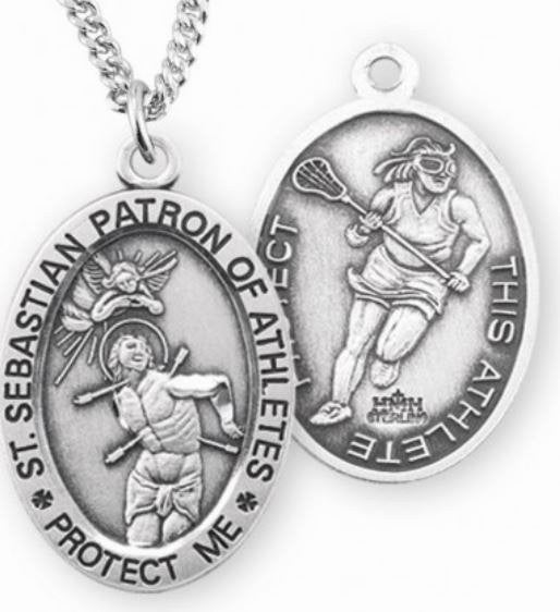Female Lacrosse / St. Sebastian Medal in Sterling Silver, 7/8", Your Choice of Chain, # 6592