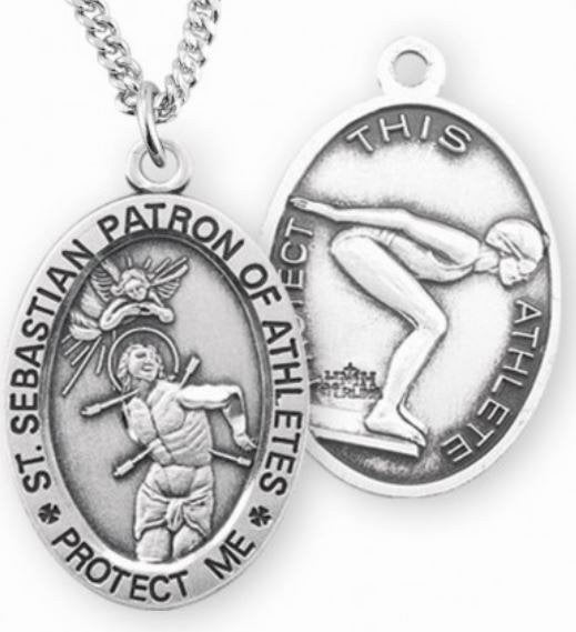 Female Swimming / St. Sebastian Medal in Sterling Silver, 7/8", Your Choice of Chain, # 6593