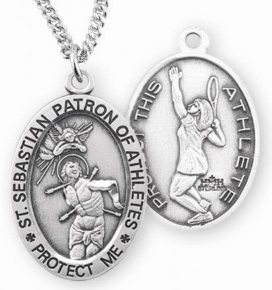 Female Tennis / St. Sebastian Medal in Sterling Silver, 7/8", Your Choice of Chain, # 6596