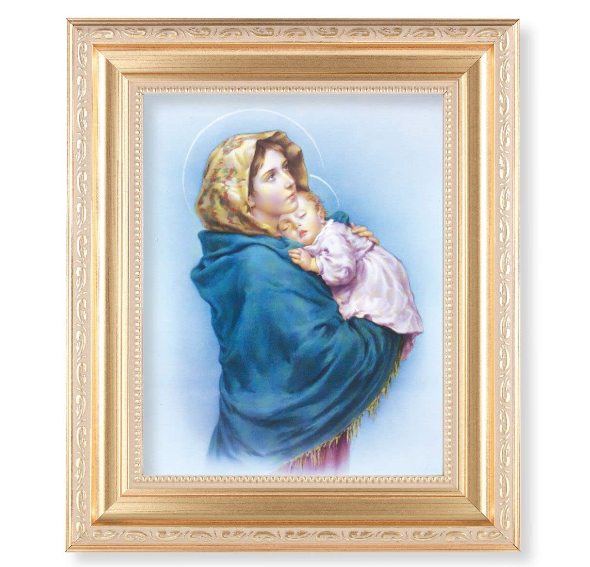 Madonna of The Street, 11.5"x13.5" Satin Gold Frame, Distressed Finish with Scrollwork, Italian Print Under Glass # 26420