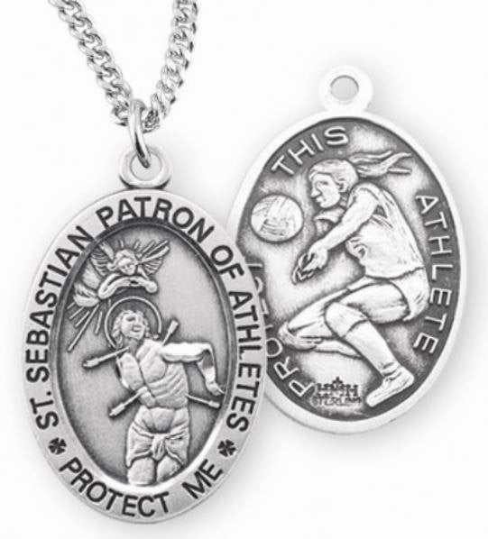 Female Volleyball / St. Sebastian Medal in Sterling Silver, 7/8", Your Choice of Chain, # 6600