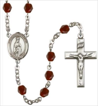 6mm Fire Polished Silver Plate Our Lady of Fatima Rosary, Garnet, # 66032