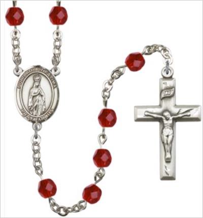 6mm Fire Polished Silver Plate Our Lady of Fatima Rosary, Ruby, # 66038