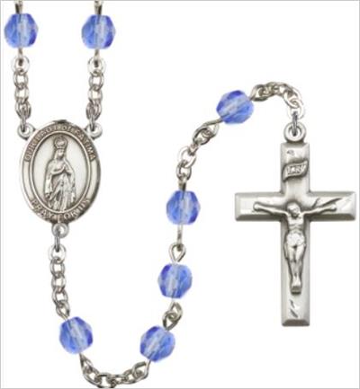 6mm Fire Polished Silver Plate Our Lady of Fatima Rosary, Sapphire, # 66040