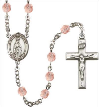 6mm Fire Polished Silver Plate Our Lady of Fatima Rosary, Pink, # 66041