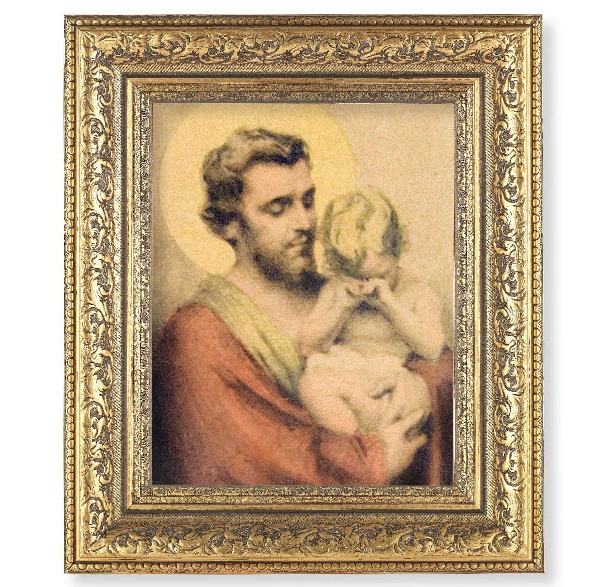 St. Joseph with Crying Jesus Picture, 12-1/2"x14-1/2, Antique Gold Leaf Carvings Ornate Frame, Italian Print Under Glass # 25565