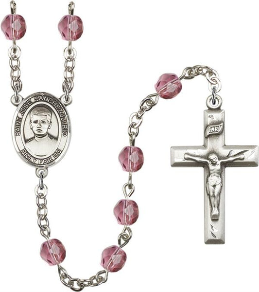 6mm Fire Polished Silver Plate St. Jose Luis Sanchez del Rio Rosary, Amethyst, # 66101