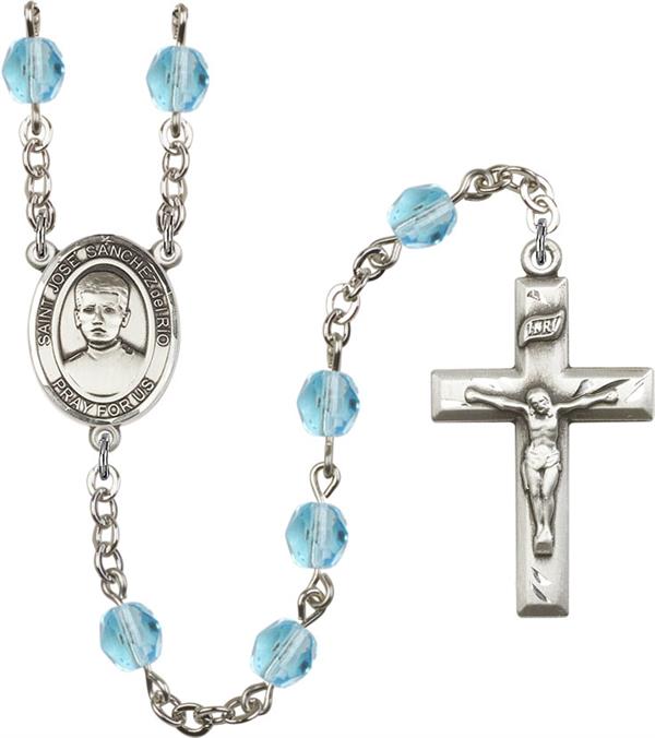 St. Jose Luis Sanchez del Rio Rosary, 6mm Fire Polished Aqua Beads, Silver Plate, # 66102