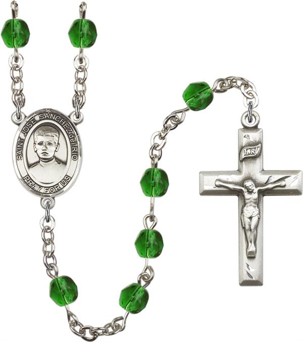 6mm Fire Polished Silver Plate St. Jose Luis Sanchez del Rio Rosary, Emerald, # 66104